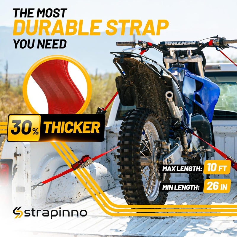 Strapinno Retractable Ratchet Straps 1 in x 10 ft, Secure Tie-Downs with Rubber-Coated Steel Handles, for Motorcycle, Jetski, Kayak, Breaking Strength 1,500LBS/680KG (Red Strap, Black Coated) - Image 3